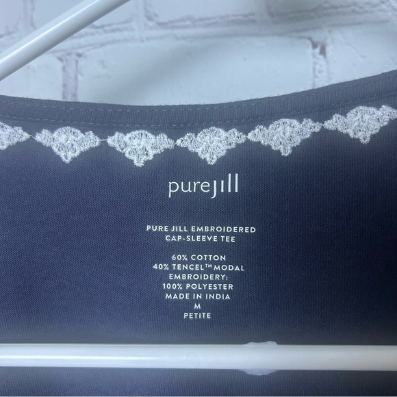 J. Jill NEW Pure Jill Embroidered cap sleeve navy blue tee preppy Medium Petite - Picture 3 of 5
